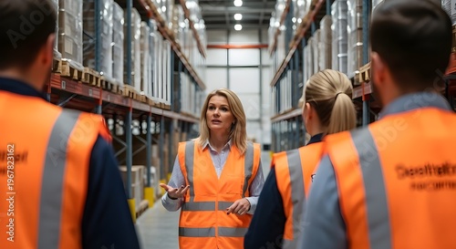 Confident female warehouse team leader wearing orange safety vest pointing while giving instructions to logistics staff in storage aisle.