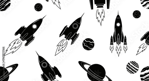 Seamless black and white space pattern with flying rockets, planets, and stars. Cosmic exploration background for children's design, textiles, or digital art.