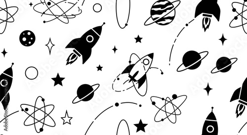 Playful black and white seamless pattern featuring hand-drawn rockets, planets, stars, and atomic models. Perfect for children's textiles, educational materials, and space-themed decor.