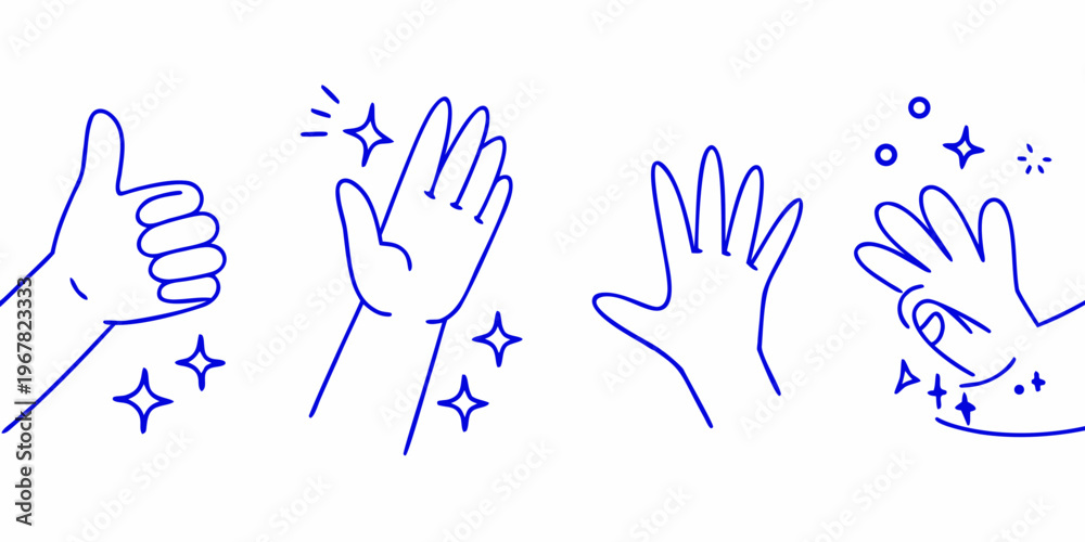 Fototapeta premium Simple blue line drawings depicting various hand gestures and sparkling effects