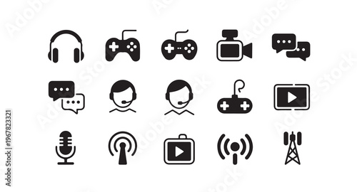 Set of vector icons including headphones, game controllers, video camera and communication