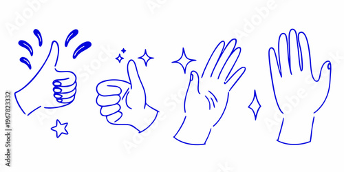 Various hand gestures are illustrated in a simple blue line drawing style