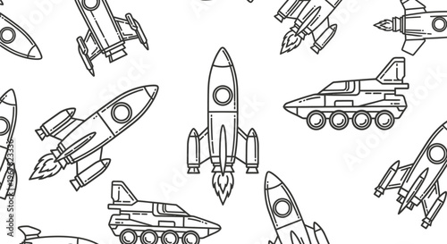 Seamless pattern of retro rockets and futuristic spacecraft in a simple outline drawing style on a white background.