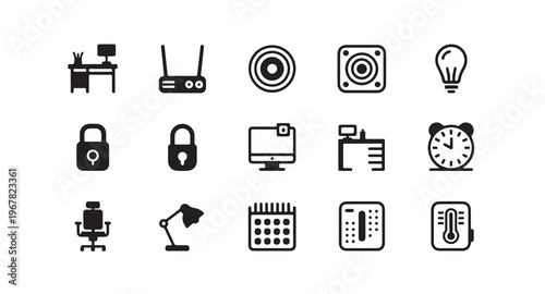 Set of vector icons for office and home including desk, router, speaker and light bulb
