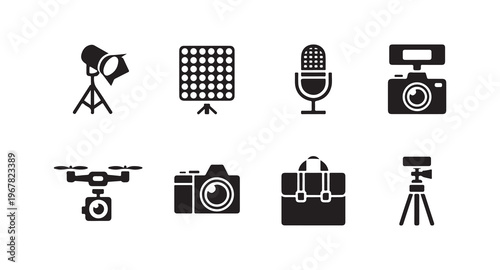 Set of vector icons for photography and videography including studio light, drone and camera