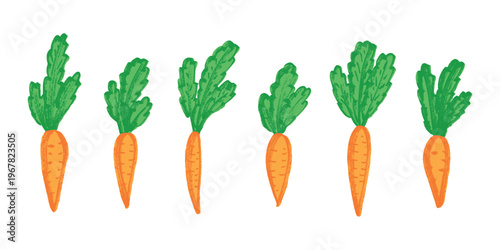 Hand drawn farm carrot plant with green leaves Fresh vegetable doodle set Healthy eco food Organic garden vegetarian food For design, print, packaging, decor, kids books