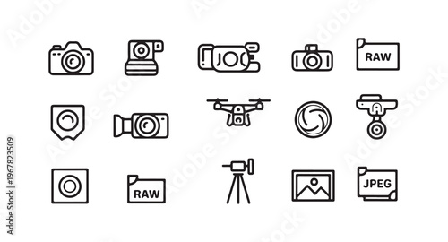 Photography and videography equipment linear icons including digital cameras drones and file types