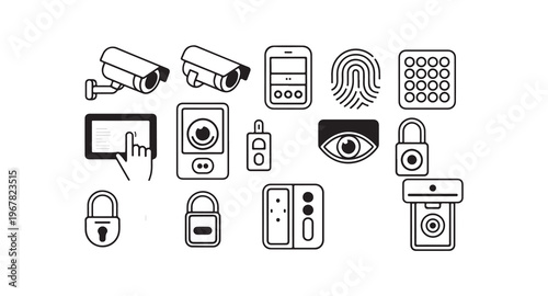 Home security devices icons cameras smartphone fingerprint scanner keypad and locks