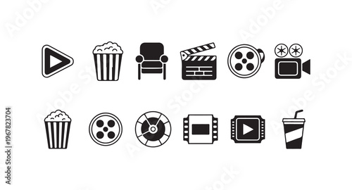 Entertainment icons set. Play button, popcorn, armchair and camera vector illustration