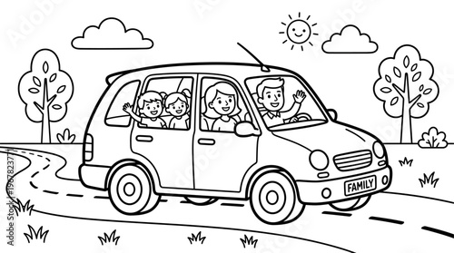 Joyful Family Road Trip Adventures Parents Driving Children on Scenic Route Under Sunny Skies Cherishing Precious Moments of Shared Travel Experiences Together.