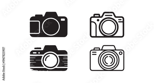 Photography camera silhouettes and line icons representing digital dslr and mirrorless equipment