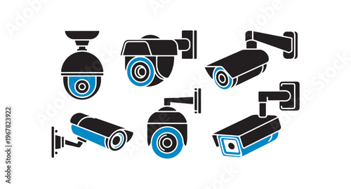 Surveillance camera icons in black and blue colors for high tech security and monitoring systems