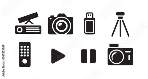 Photo and video equipment media player icons set isolated on white background vector illustration