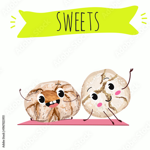 Funny Characters amaretti italy dessert, hand drawn vector illustration.