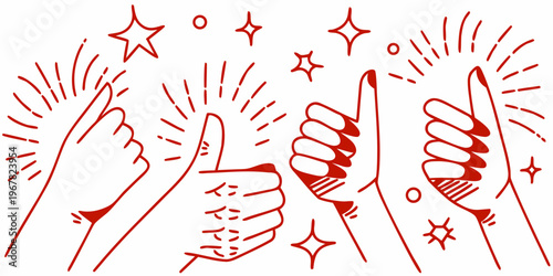 Red hand illustrations displaying thumbs up gestures and celebratory sparkles