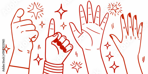 Five hands are raised with sparkling stars in a red line art style