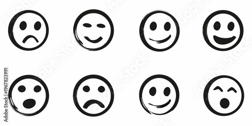 Eight hand drawn black and white smiley faces expressing different emotions