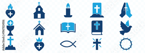 A collection of blue icons representing various christian symbols including a heart church candle bible and dove high quality professional detailed modern elegant