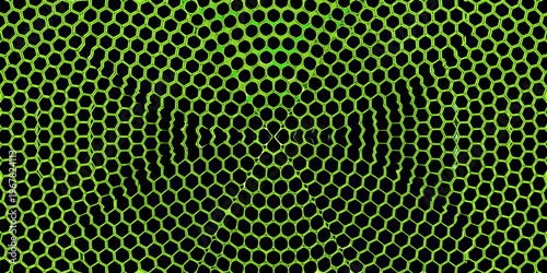 A vibrant green honeycomb pattern creates an optical illusion of a face