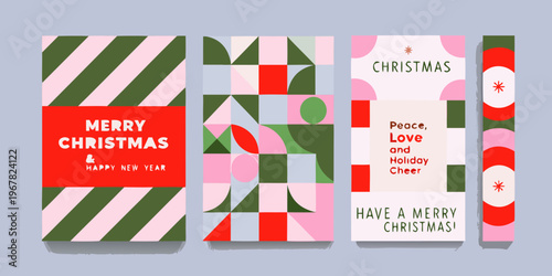 Abstract christmas card designs with geometric shapes and festive greetings