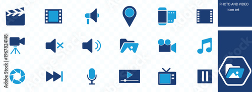 A collection of vibrant blue icons representing various multimedia and broadcasting elements including film audio and video high quality professional detailed modern elegant