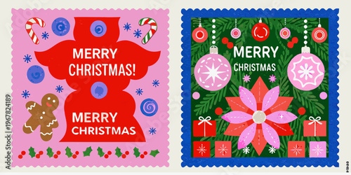 Festive christmas postage stamps with holiday decorations and greetings