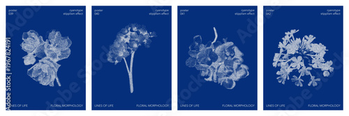 Cyanotype stipple graphic poster set collection. Overlay effect, deep blue color, flower details. Vector element in retro print style. Design templates for card, social media, banner, cover