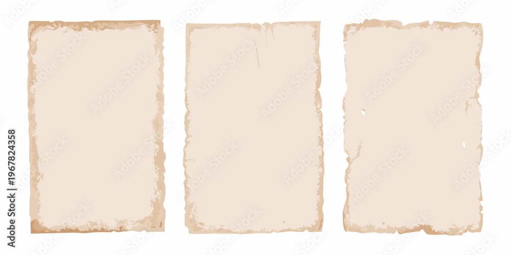 Fototapeta premium Three aged paper rectangles with rough torn edges against a white background