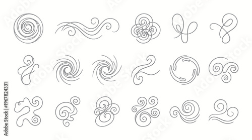 A collection of various hand-drawn swirl and curl line art designs, featuring decorative elements and abstract spiral patterns on a white background.