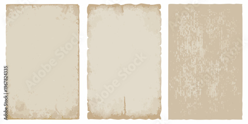 Three aged parchment papers with textured blank surfaces displayed vertically