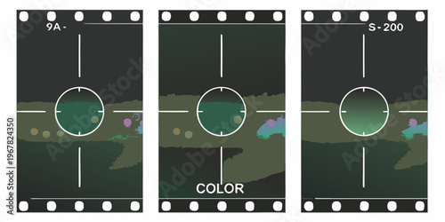 Film strip depicting a night vision scope s view of a landscape