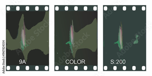 Three frames of film strip displaying a blurred abstract image