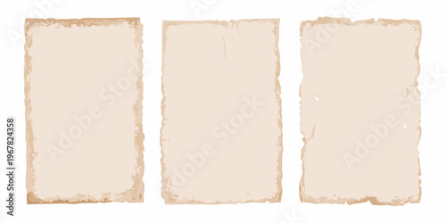Three aged paper rectangles with rough torn edges against a white background