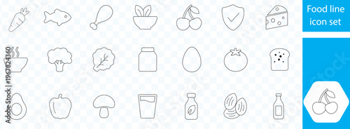A collection of simple linear food icons are displayed on a light gray background with blue accents high quality professional detailed modern elegant