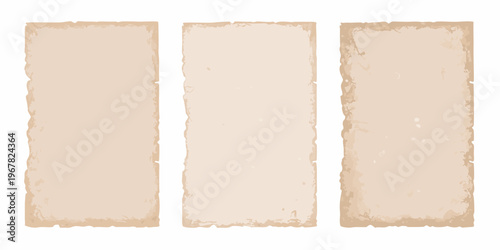 Three rectangular parchment papers with aged textured edges displayed vertically