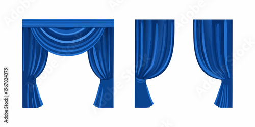 Three blue curtains with draped fabric in varying arrangements