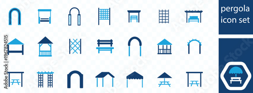 An assortment of blue pergola icons depicting various designs structures and architectural elements in a set high quality professional detailed modern elegant stylish