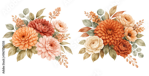Watercolor terracotta floral collection illustration, elegant flower arrangements with warm earthy blooms isolated on white background.