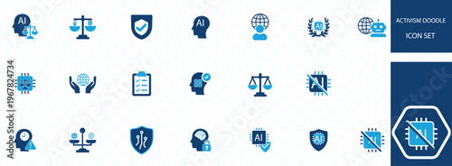 A collection of blue icons representing artificial intelligence law ethics and security concepts in a doodle style high quality professional detailed modern elegant