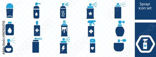 A collection of blue spray bottle and aerosol can icons depicts various stages of spraying and container designs high quality professional detailed modern