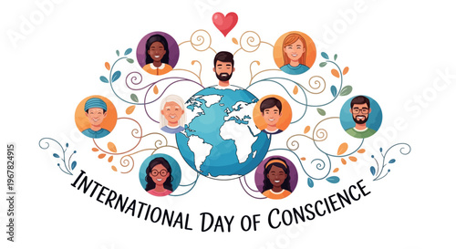 Illustration of a globe surrounded by diverse people and decorative elements, promoting global conscience awareness and peace on International Day of Conscience with a colorful and symbolic