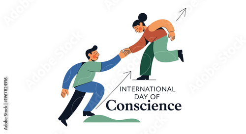 Illustration of two people holding hands with arrows pointing upwards, symbolizing global conscience awareness and peace on International Day of Conscience.