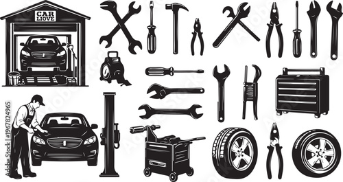 Mechanic tools and car repair equipment in a garage setting