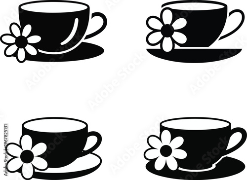 A set of vector icons featuring a cup of coffee and tea with steam, showcasing hot beverages like espresso and mocha on a brown saucer for cafe breakfast design