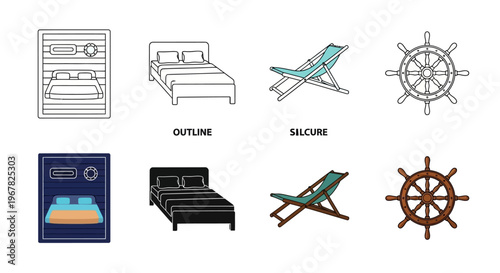 Modern Vector Icon Set for Travel and Relaxation Includes Outline and Filled Illustrations of Beds, Beach Chairs, and Ship Steering Wheels