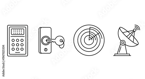 Essential line art icons for modern security systems, access control solutions, radar detection, and global satellite communication technology in a unified vector set