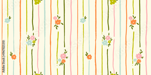 Seamless pattern with freehand ink doodle abstract yellow flowers. Trendy floral vertical stripe background. Hand drawn vector illustration. Boho, cottage core, retro wallpaper.