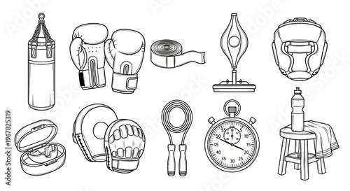Boxing equipment and accessories for training, including a punching bag, gloves, and stopwatch for practice and conditioning