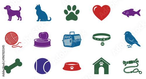 A vibrant vector icon collection featuring essential pet care items, common domestic animals like dogs, cats, fish, and birds, alongside their accessories for various design applications