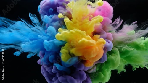 Colorful Ink Smoke Explosion in Water Blue Yellow Pink Green Vibrant Abstract Art Background